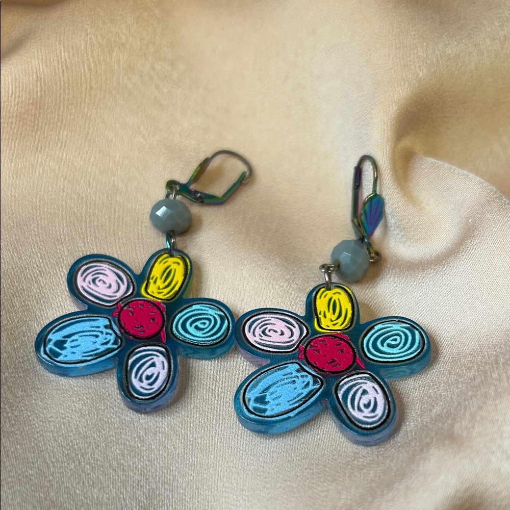 Bright Floral Drop Earrings in Blue, Pink, Yellow & Red